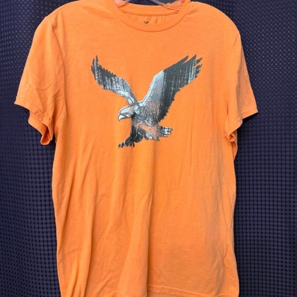 American Eagle Outfitters Mens Large Orange Graphic Tee Black Eagle Classic Fit